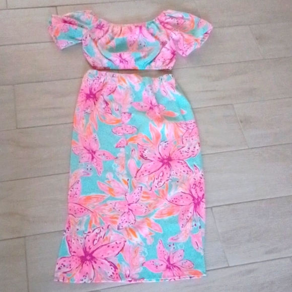 LILLY PULITZER Esmeray Set Surf Blue Bonita Blooms Skirt Puff Sleeve Crop Top - Picture 5 of 5